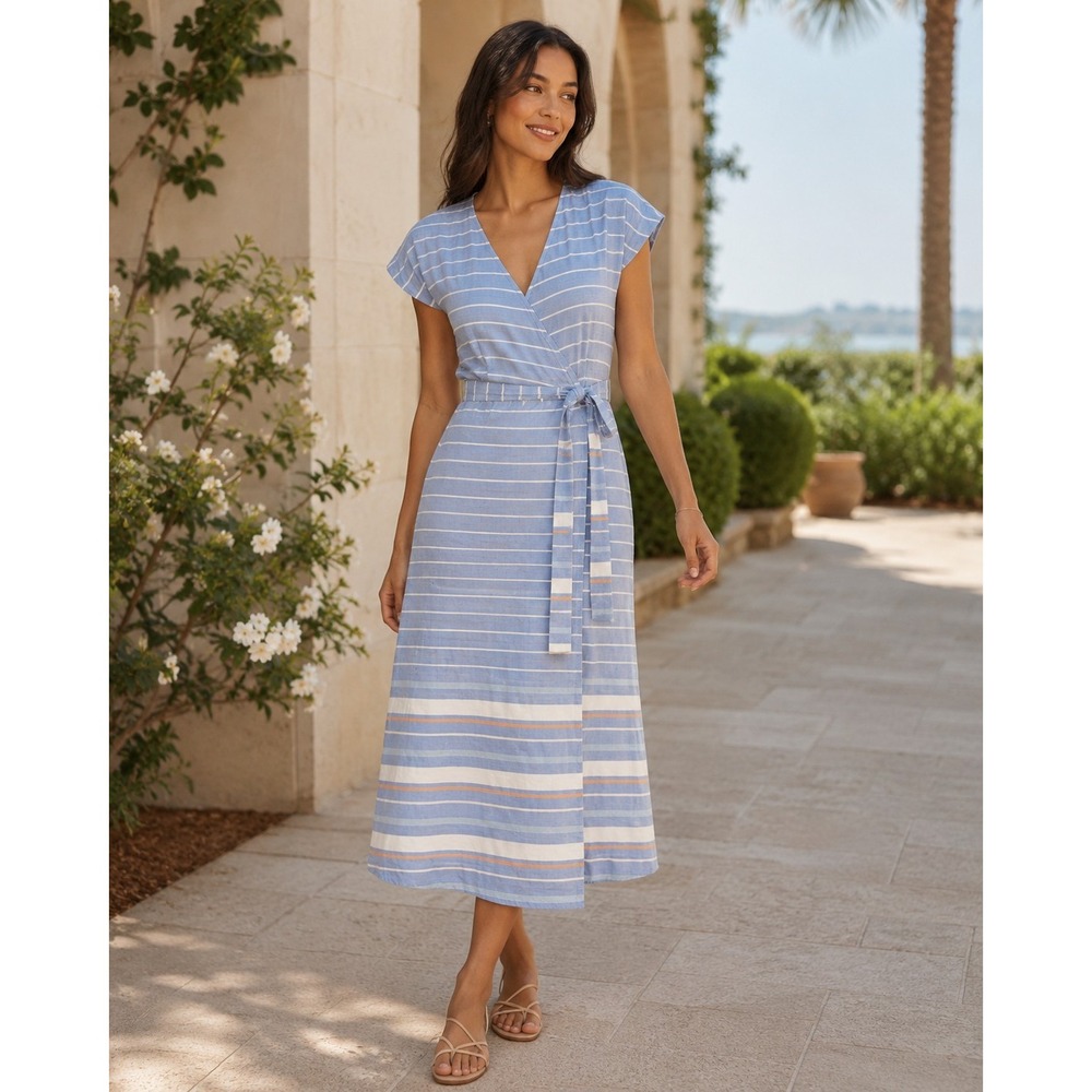 Marine Layer Maddie Blue Coral White Striped Cotton Midi Wrap Dress XS Nautical
